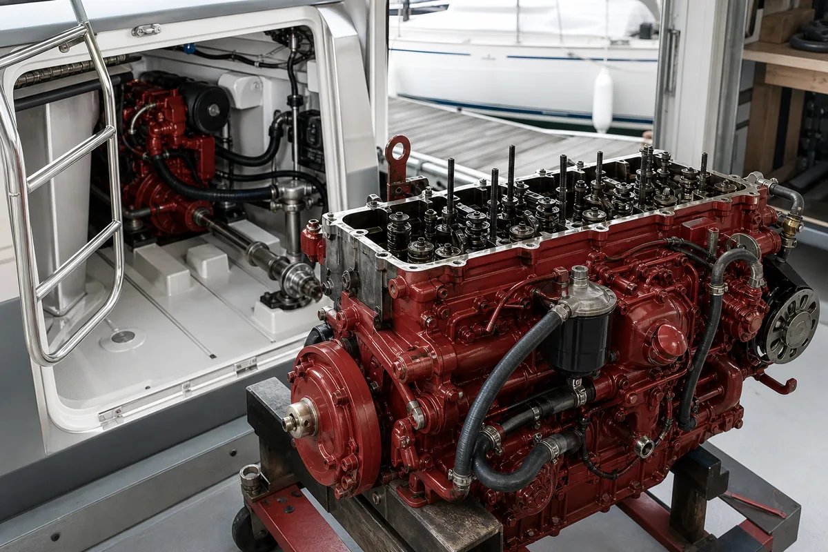 Moteur diesel inbord déposé dans un atelier, culasse ouverte pour diagnostic