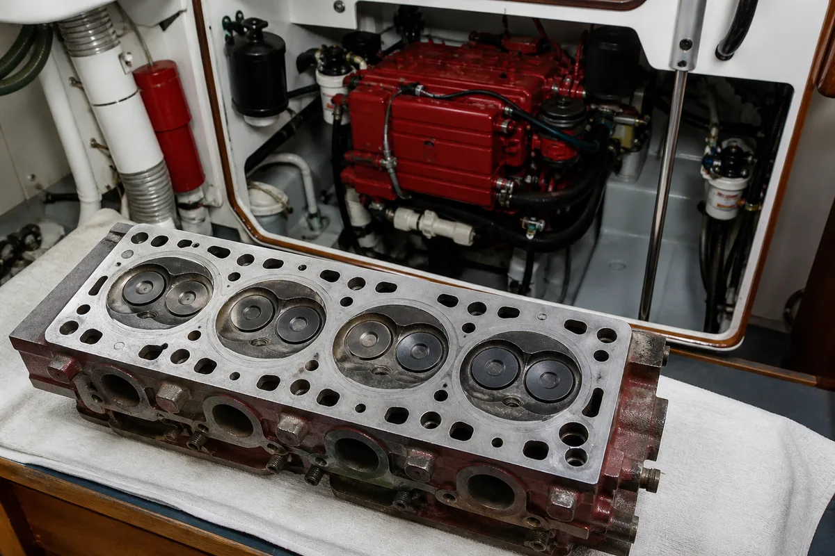 Culasse de petit diesel marin déposée sur établi, portées de joint visibles
