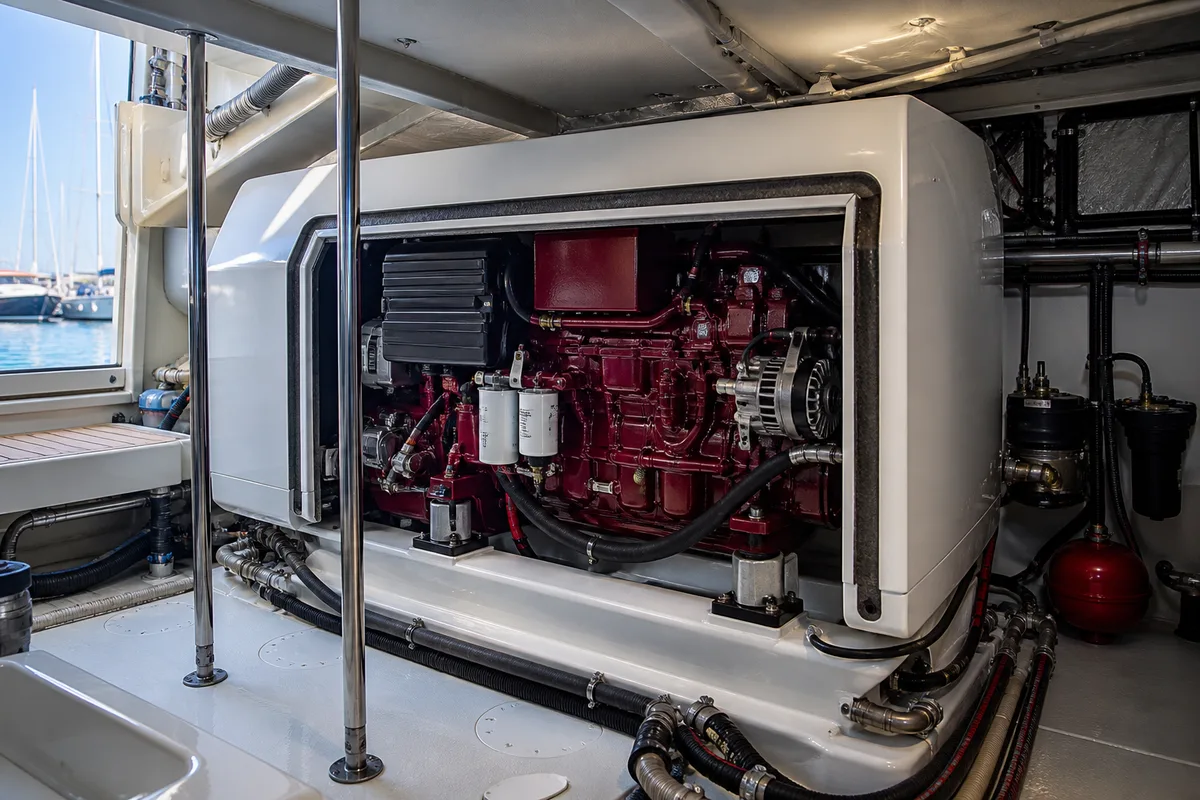 Groupe électrogène marin sous capot insonorisé installé dans un compartiment technique