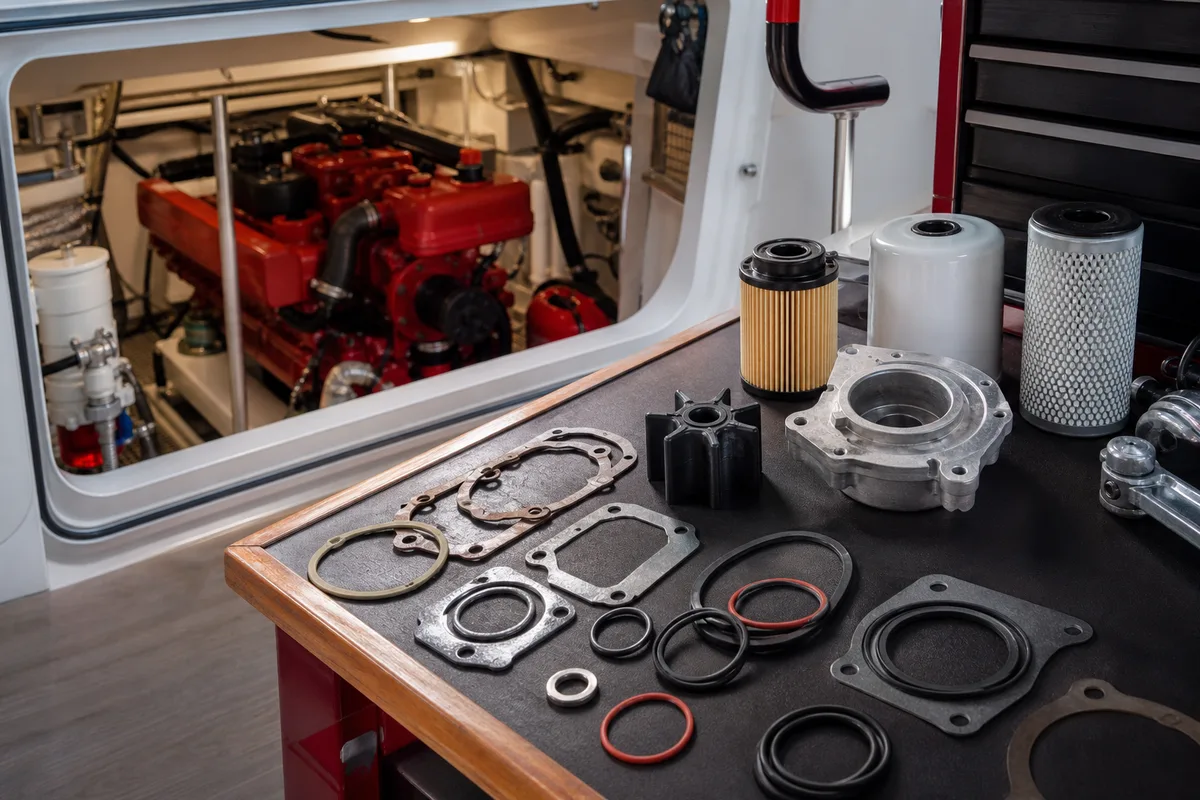 Établi avec pièces d&rsquo;usure d&rsquo;un moteur marin, joints, turbine et filtres alignés