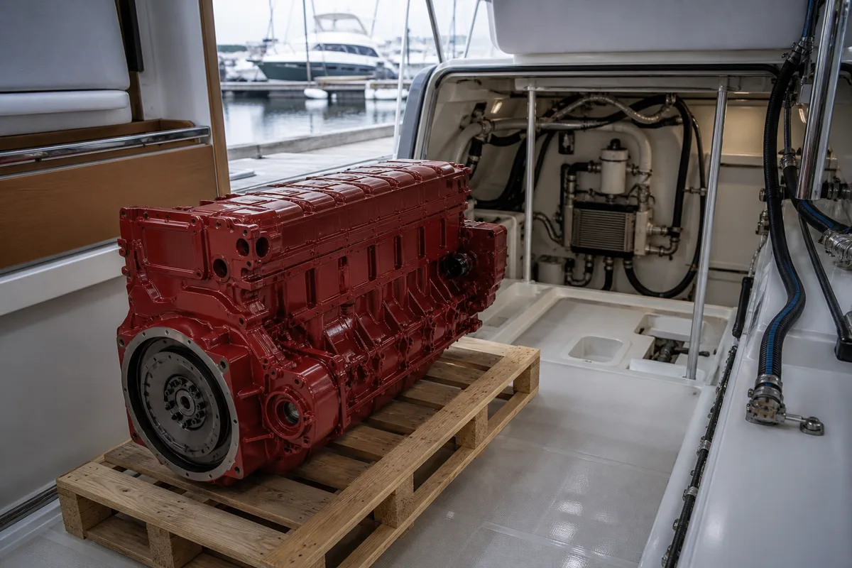 Bloc diesel marin neuf sur palette, prêt à être descendu dans une coque