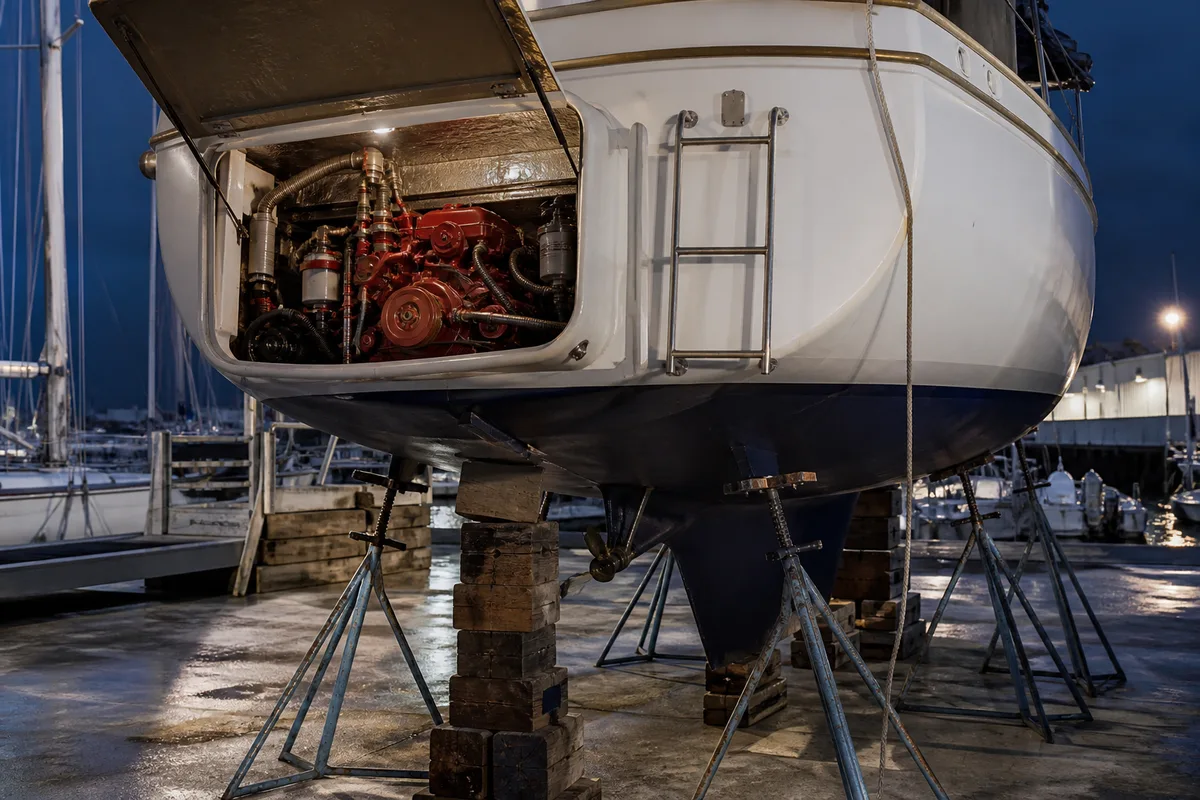 Bateau sur ber au chantier, coque calée pendant une immobilisation prolongée